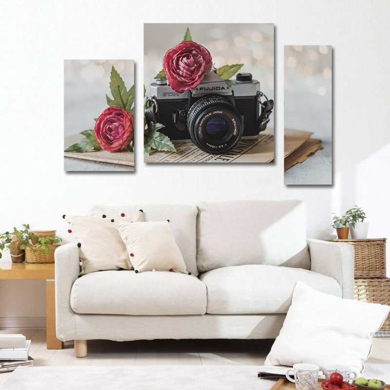 Τρίπτυχος πίνακας Φωτογραφική μηχανή και Τριαντάφυλλα